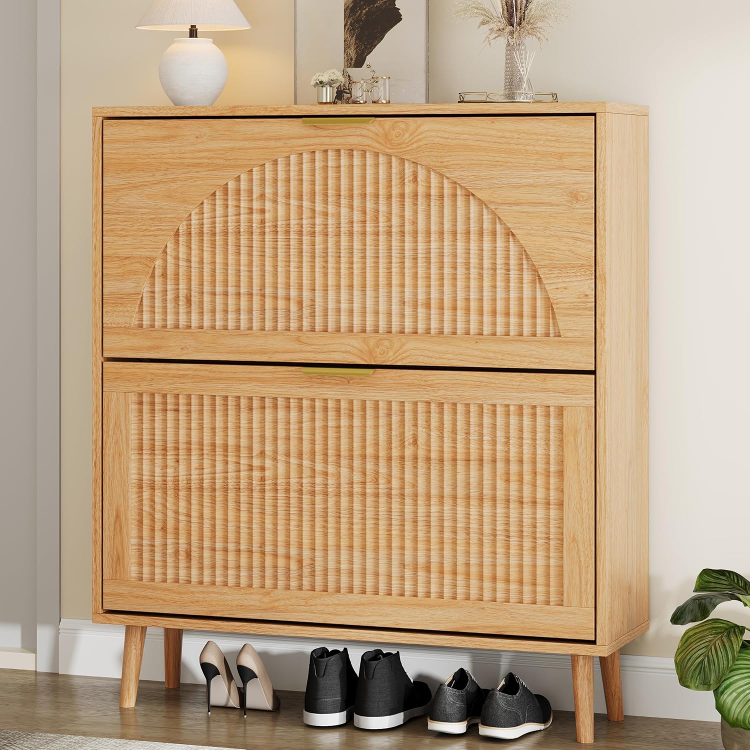Shoe Rack Cabinet Narrow Entryway - 木製の靴箱、2段引き出し付き、スリムな収納ラック、波型パネル、玄関や廊下、リビングルームに最適な自立式収納家具。
