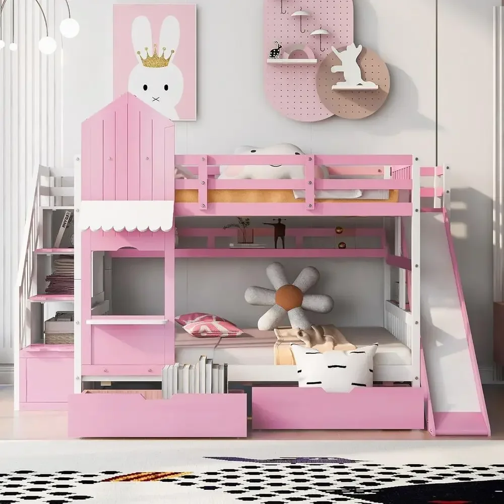 Bunk Bed With Stairs And Slide - 階段、滑り台、収納引き出し付きの子供用二段ベッド。お城風のデザインで、男の子にも女の子にも。ピンク色。
