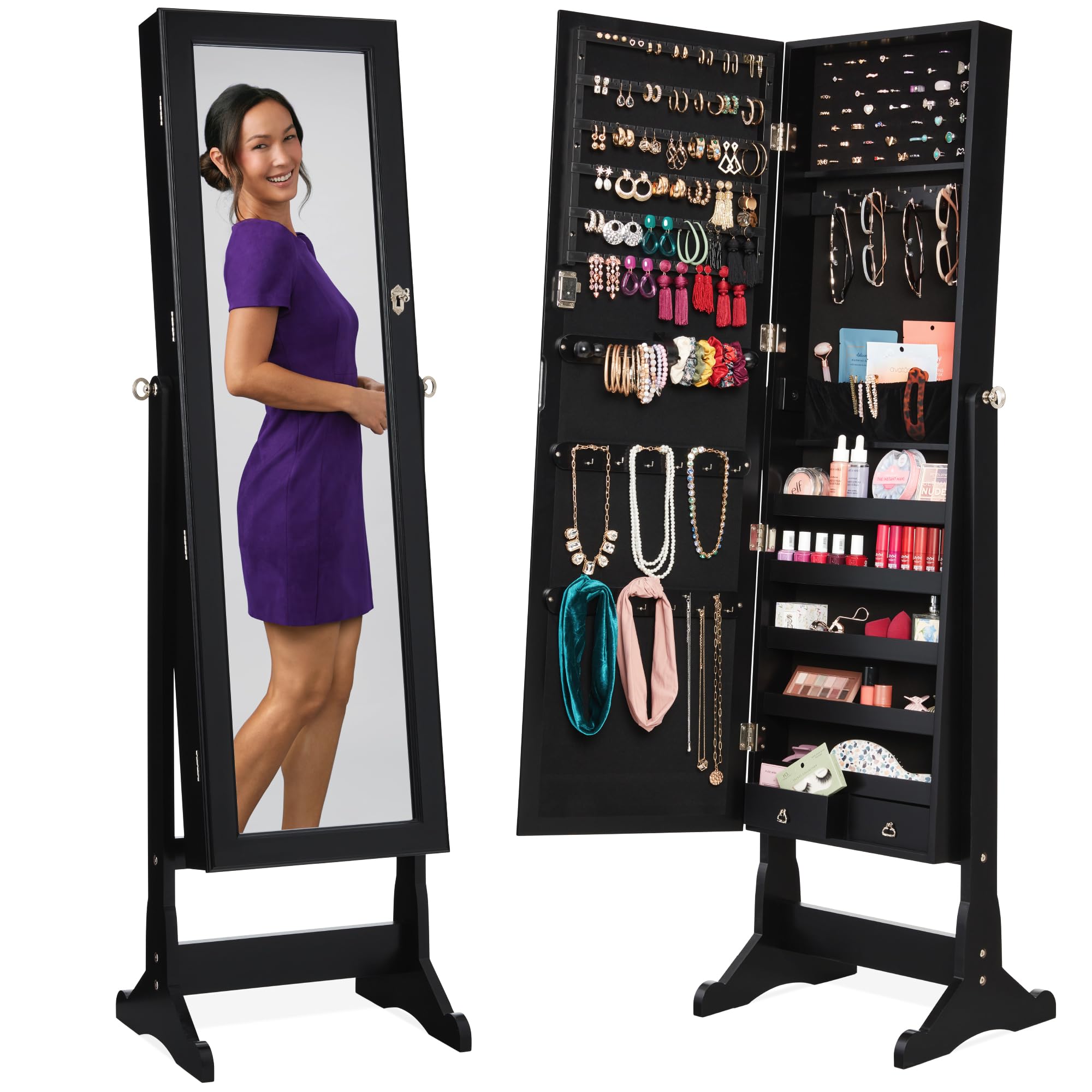 Full Length Mirror Jewelry Armoire - 自立式のジュエリー収納キャビネット、全身鏡、鍵付きの化粧品収納オーガナイザー、内側はベルベット生地