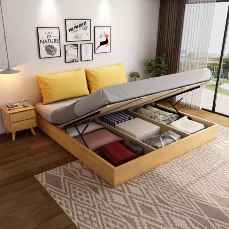 Gas Lift Storage Bed Hydraulic - モダンなデザインの、ガス圧式昇降機能付き収納ベッドフレーム。クイーンサイズ。高さのあるボックスベッドで、収納スペースも充実。油圧式で、張り地仕上げのプラットフォームベッド。寝室用家具。