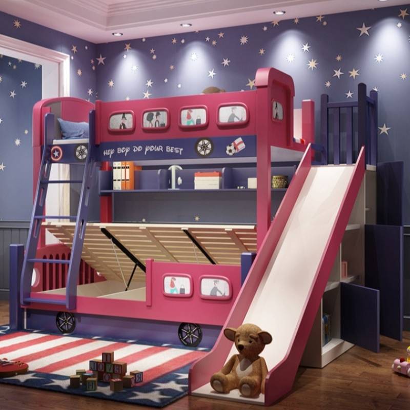 Bunk Bed With Stairs And Slide - モダンスタイルの幼児用ベッドフレーム、スライド式シングルベッド、子供用家具、高級階段付きキッズベッド、木製二段ベッド