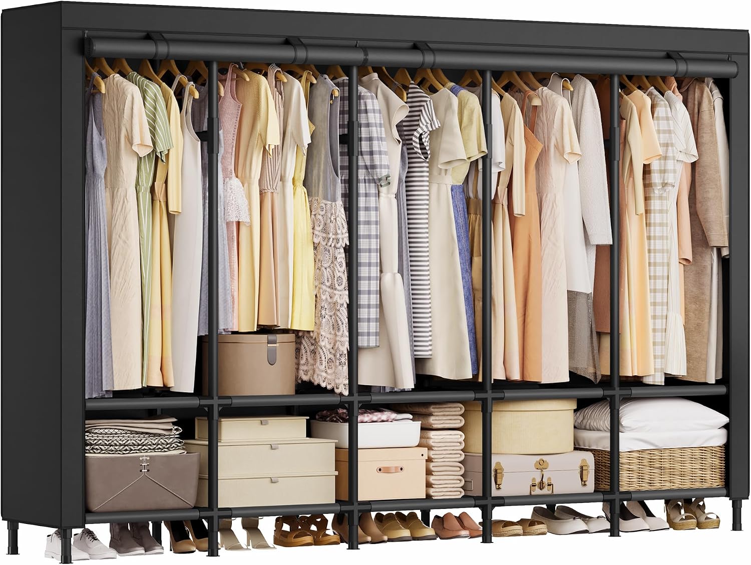 Wardrobe Closet Portable Fabric Cover - ポータブルワードローブクローゼット 83.5インチ、5本のハンガーロッドと10枚の棚付き、布製カバー付きの頑丈な衣類収納ラック、寝室用自立型クローゼットオーガナイザー