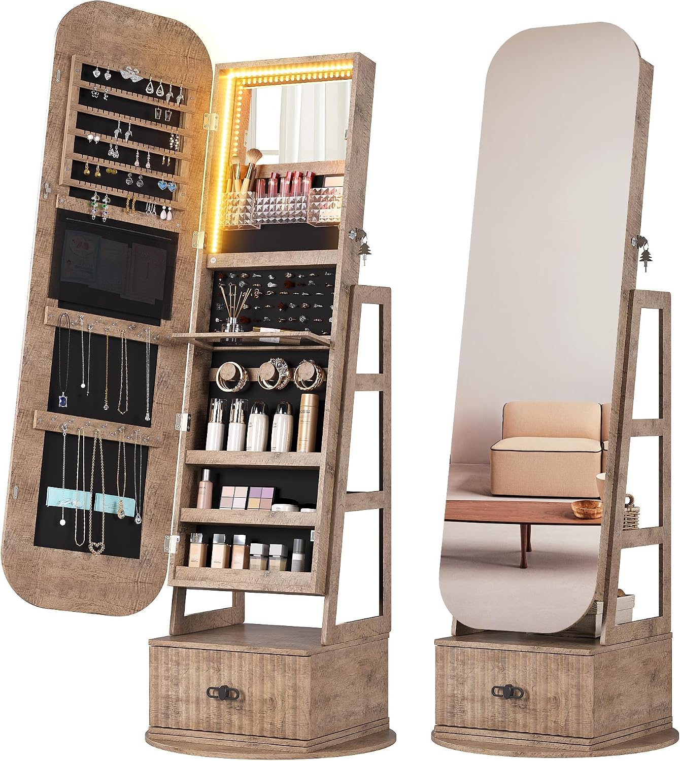 360度回転式ジュエリーアルモアオーガナイザー 全身鏡付き - Full Length Mirror Jewelry Armoire のレビューと価格