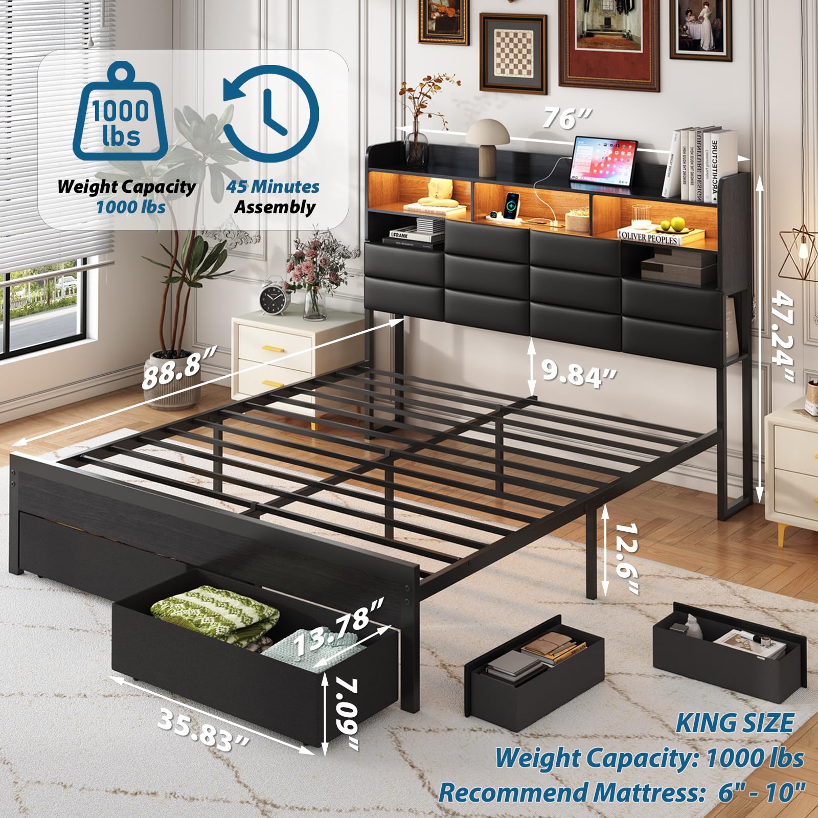 収納引き出しと充電ステーション付きのキングサイズベッドフレー - King Size Bed Frame With Storage Drawers のレビューと価格