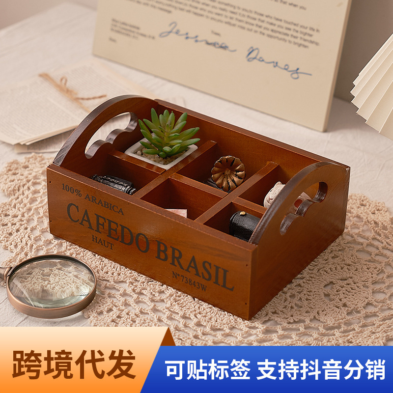 雑貨レトロ木製ポータブル6グリッド収納ボックス多肉植物デスク - Storage のレビューと価格