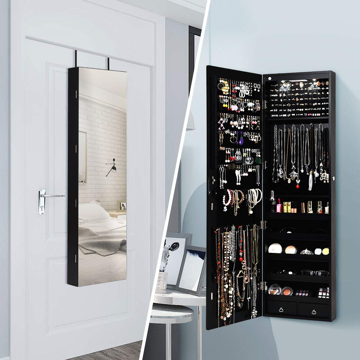壁掛けまたはドア掛け式の全身鏡付きジュエリー収納キャビネット - Full Length Mirror Jewelry Armoire のレビューと価格