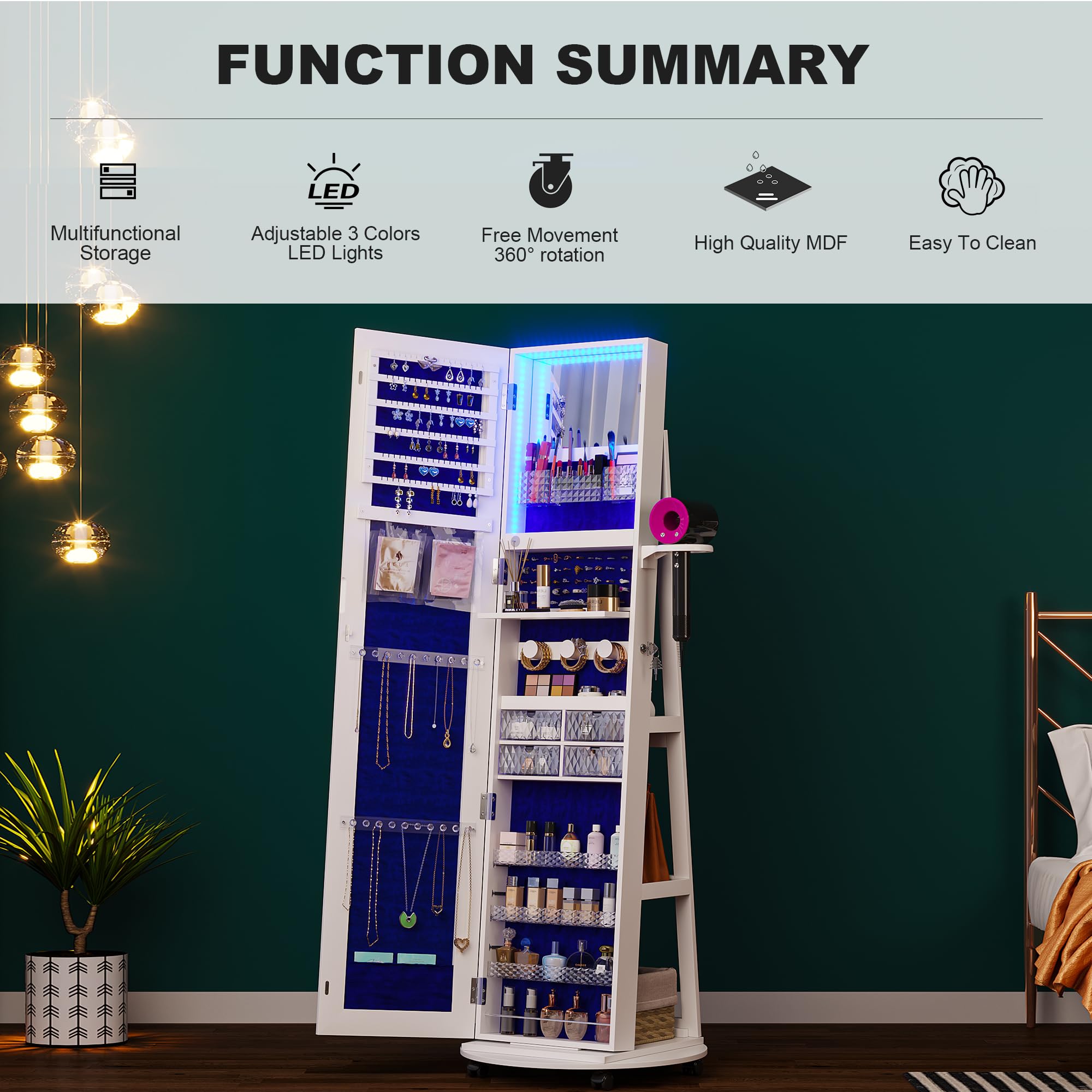360 °   回転式のジュエリーキャビネット（鏡付き）、L - Full Length Mirror Jewelry Armoire のレビューと価格