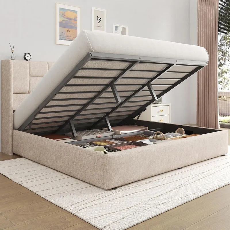油圧式ガスリフトアップ収納付きリネン張りベッドフレーム - Gas Lift Storage Bed Hydraulic のレビューと価格
