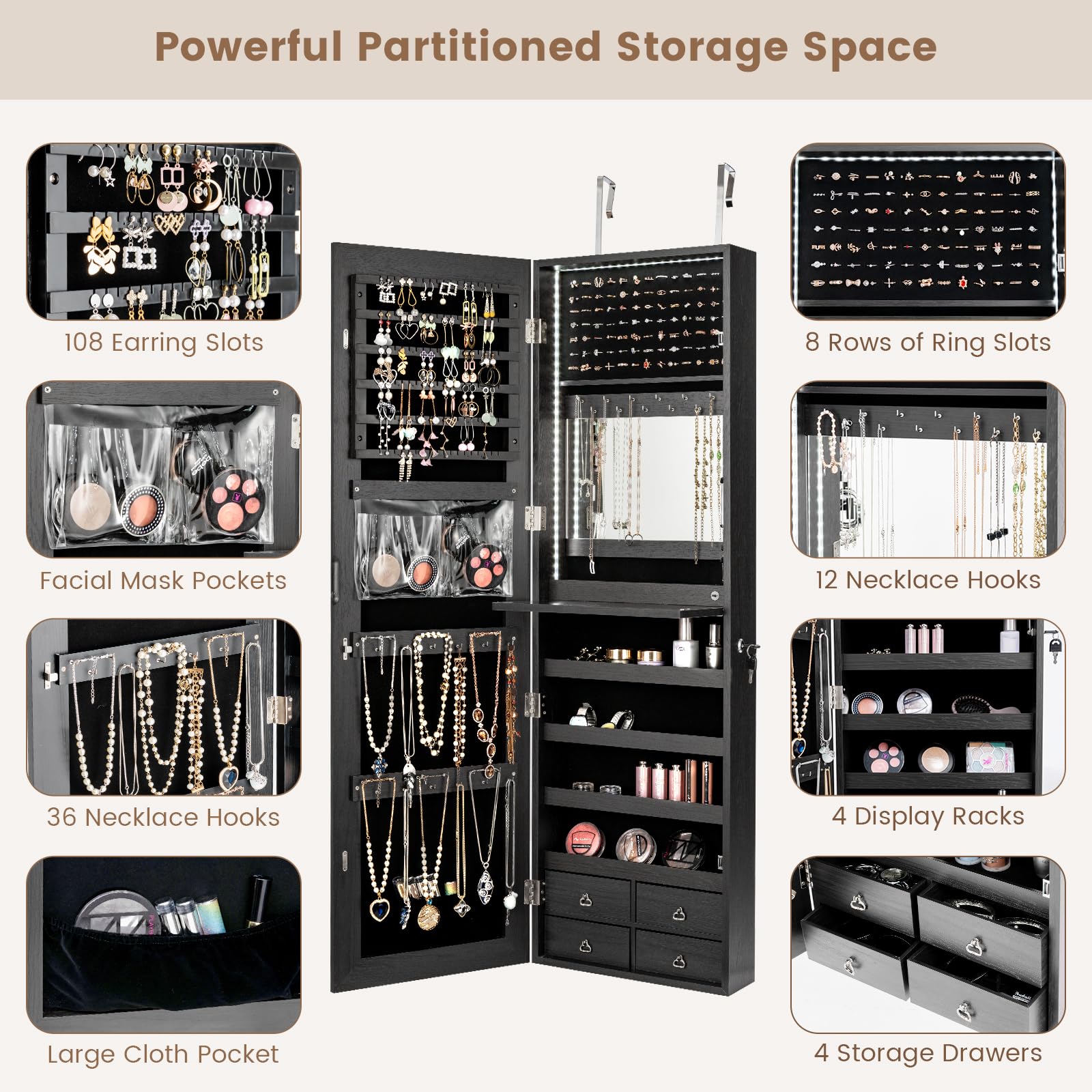 47インチLEDジュエリー収納キャビネット。収納スペース付き - Full Length Mirror Jewelry Armoire のレビューと価格