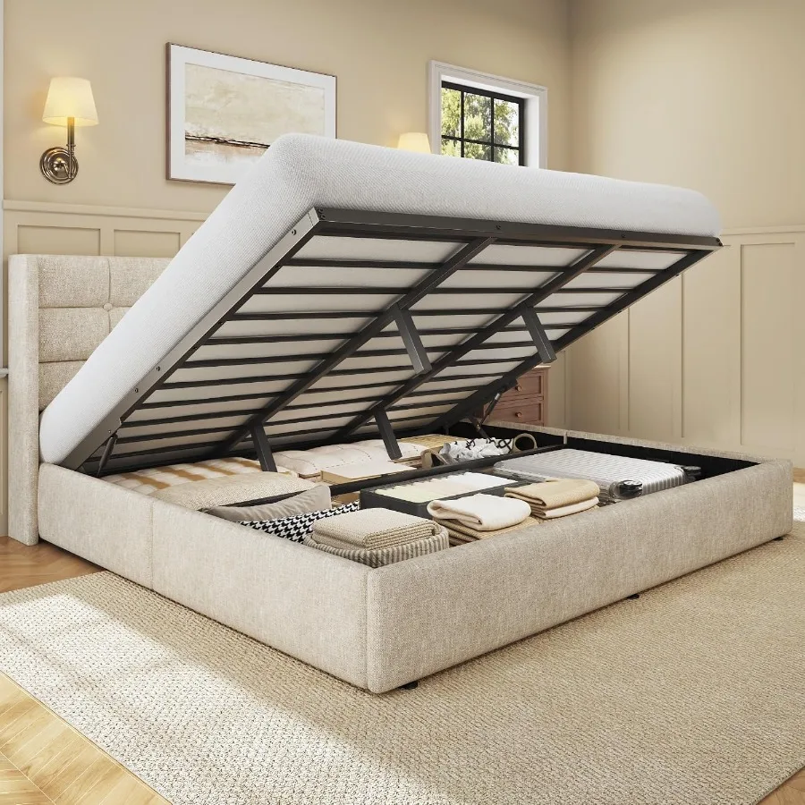 サイズ調整可能な収納ベッドフレーム、リネン生地で覆われたプラ - Gas Lift Storage Bed Hydraulic のレビューと価格