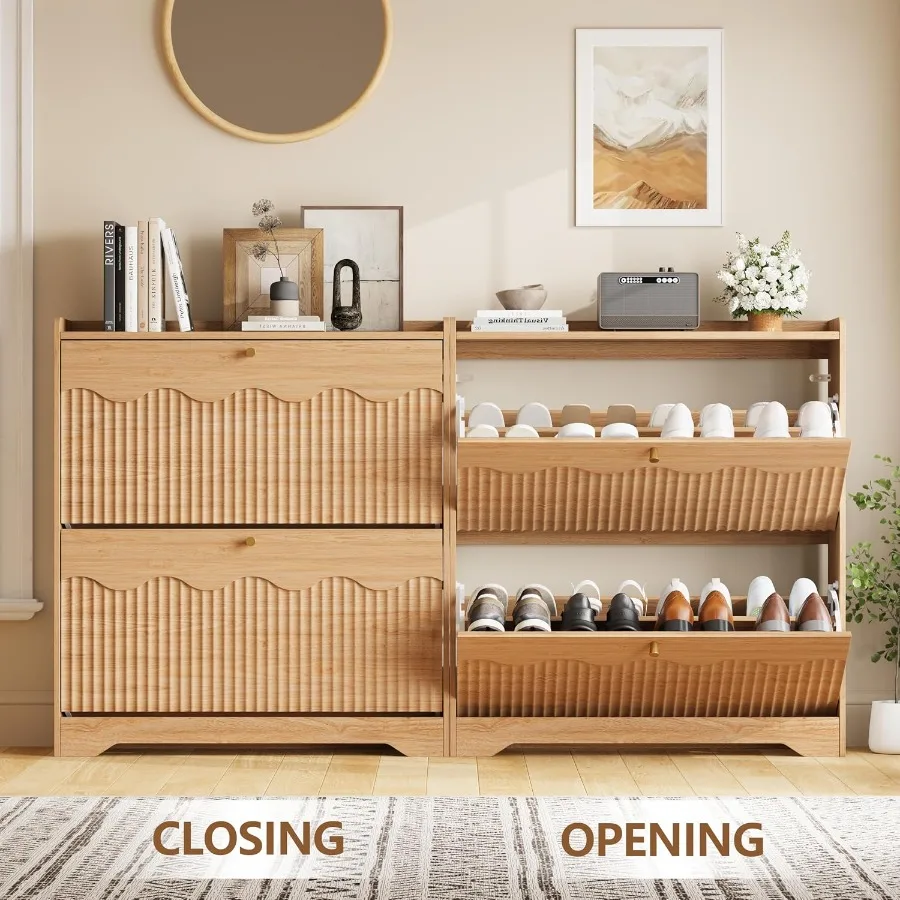 モダンな波型エッジ加工が施されたパネルを備えた靴収納キャビネ - Shoe Rack Cabinet Narrow Entryway のレビューと価格