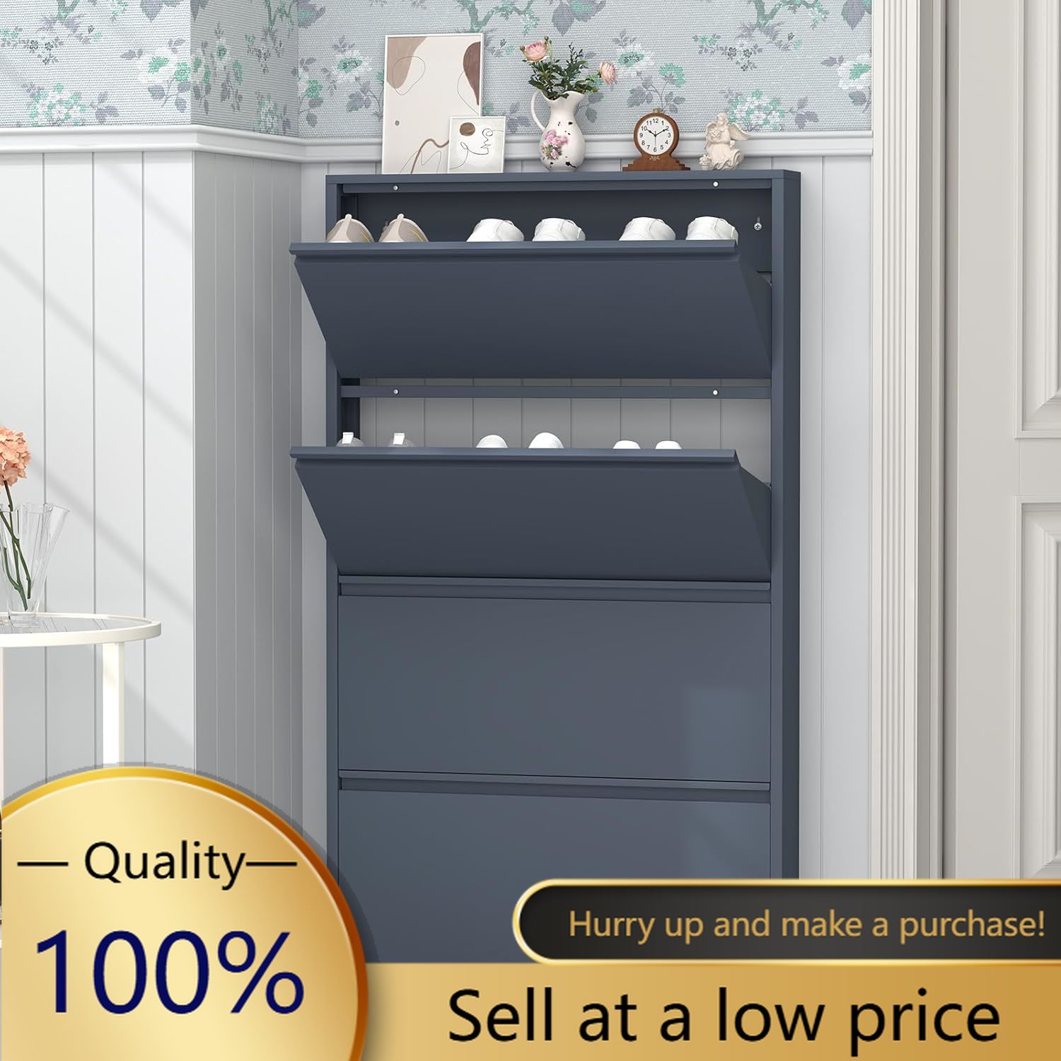 4つのフリップ式引き出し付きシューズキャビネット、玄関用スリ - Shoe Rack Cabinet Narrow Entryway のレビューと価格