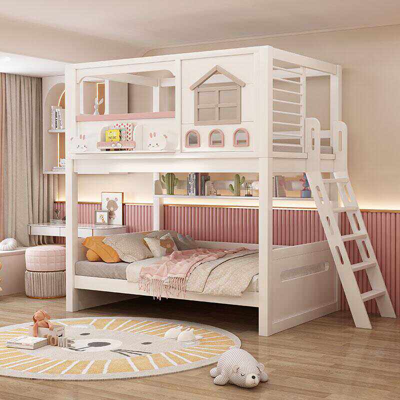 モダンなピンクの無垢材製子供用二段ベッド、スライド階段、収納 - Bunk Bed With Stairs And Slide のレビューと価格